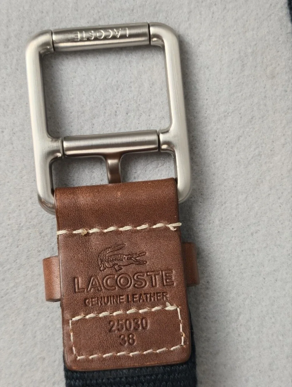 Lacoste Navy Canvas Belt with Brown Leather Accents - Size 38